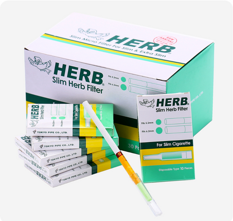 HERB slim herb filter packaging with a filter stick on a white background