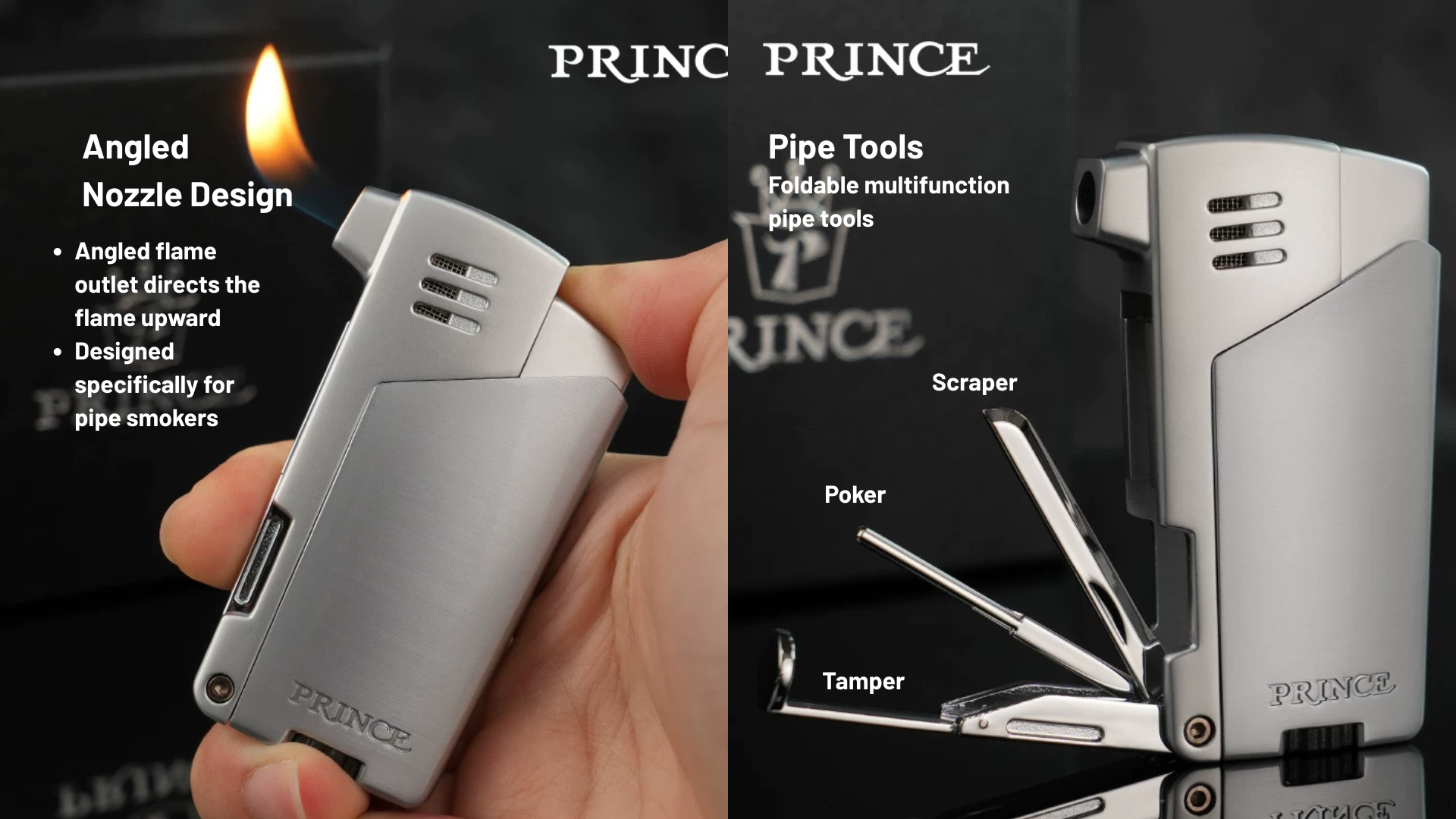 PRINCE Angled-Flame Butane Pipe Lighter details photo