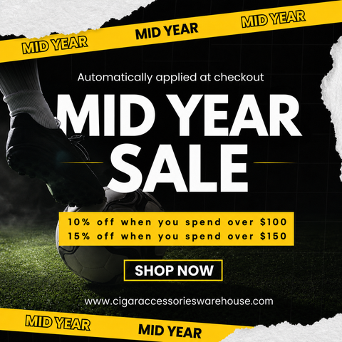 Promotional poster for a mid-year sale with soccer-themed design on a black background.